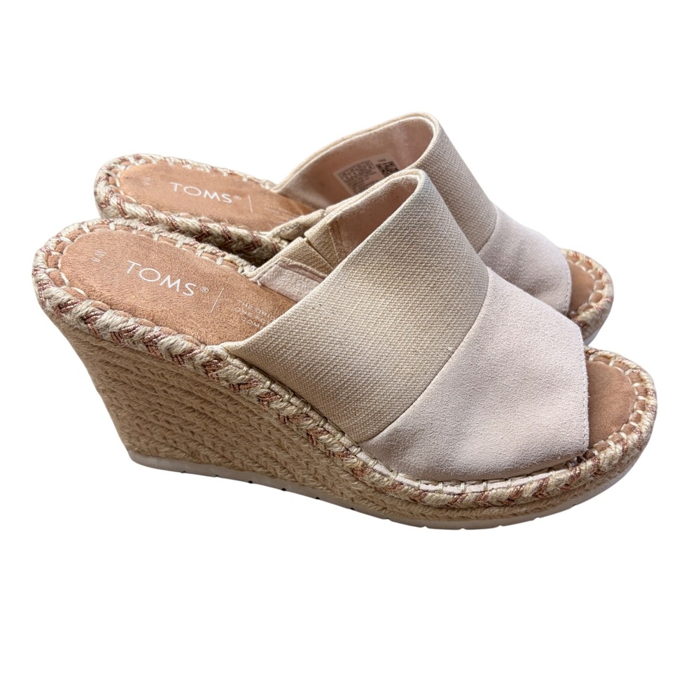 Toms Monica Mule Wedge Sandals 8 Pink Suede Canvas Coastal Preppy Cottage Boho
